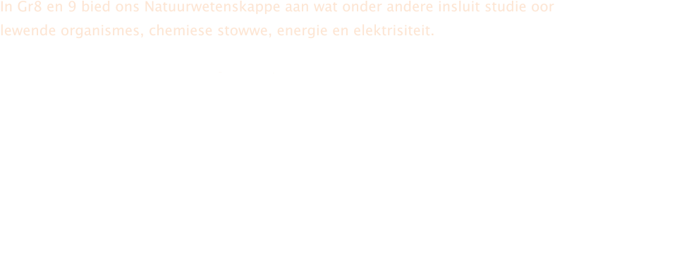 In Gr8 en 9 bied ons Natuurwetenskappe aan wat onder andere insluit studie oor  lewende organismes, chemiese stowwe, energie en elektrisiteit.  Natural Science forms the base for Physical Science and Life Science in Grade 10 and 12. Fisiese Wetenskap is noodsaaklik vir verdere studie in rigtings soos ingenieurswese, medies, veeaartseny en gesondheidswetenskappe.  We have six teachers involved in this department and achieved a lot of awards on circuit, district and provincial level due to good performances.  Ons neem aktief deel aan EXPO en olimpiades en verwelkom enige iemand wat van uitdagings hou!